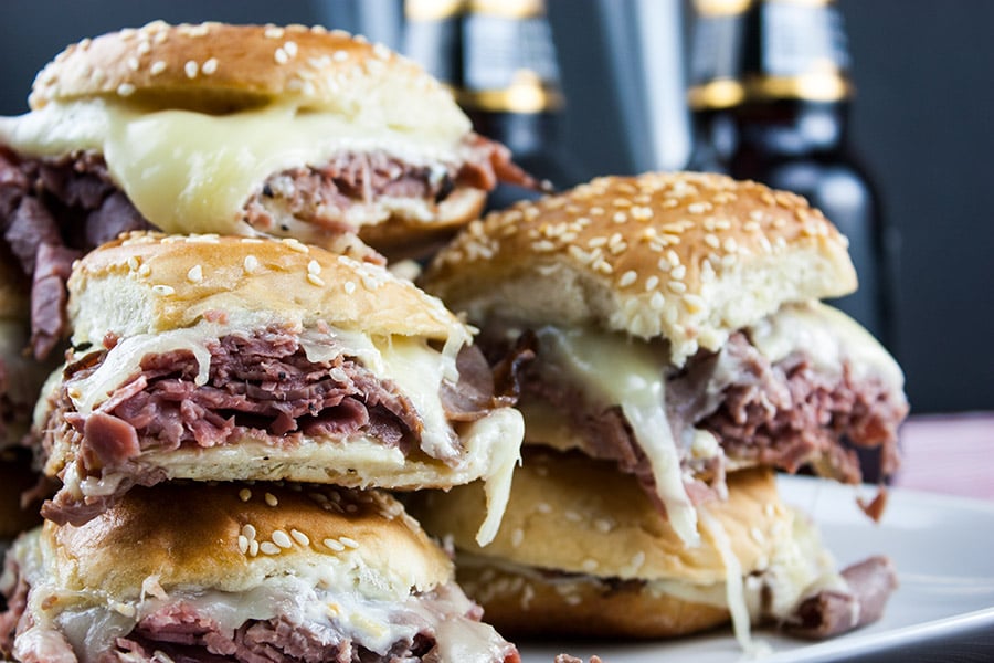 Pastrami sliders on a sesame bun