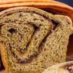 Pumpkin Cinnamon Swirl Bread cut so you can see the cinnamon swirl.