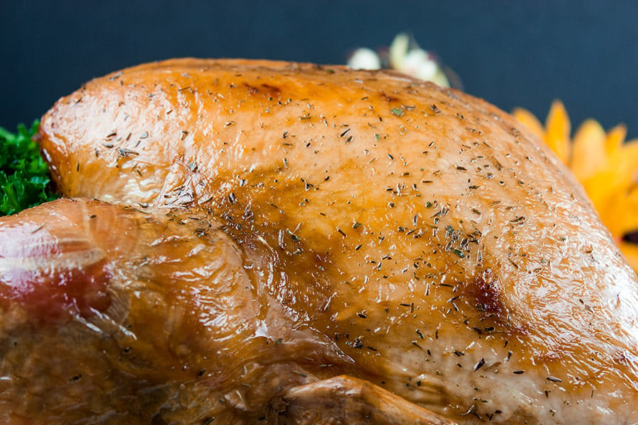 Simple Succulent Roast Turkey (Dry Brine) - close up of the cooked turkey