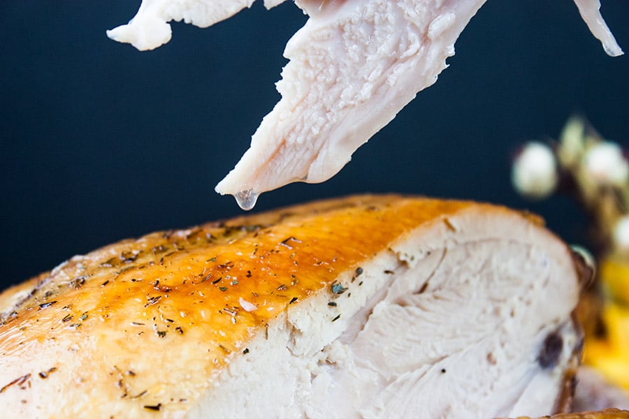 Simple Succulent Roast Turkey (Dry Brine) - slice of turkey dripping with juices