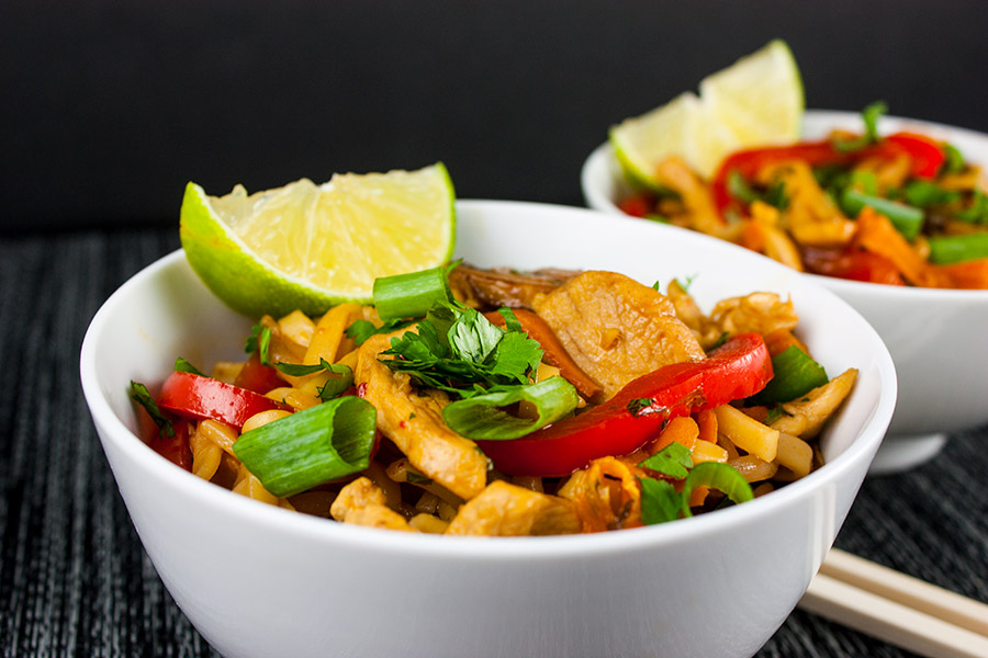 Spicy Thai Chicken Noodle Bowl - Spicy Thai noodles loaded with vegetables and chicken. Unbelievably good!