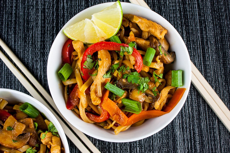 Spicy Thai Chicken Noodle Bowl - Spicy Thai noodles loaded with chicken and vegetables. Unbelievably good!