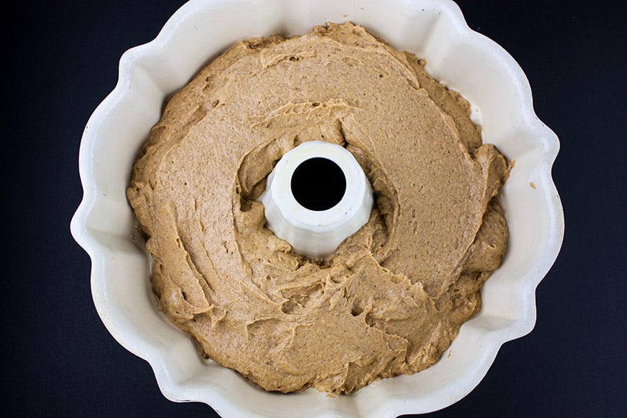 Cake batter in a bundt pan.