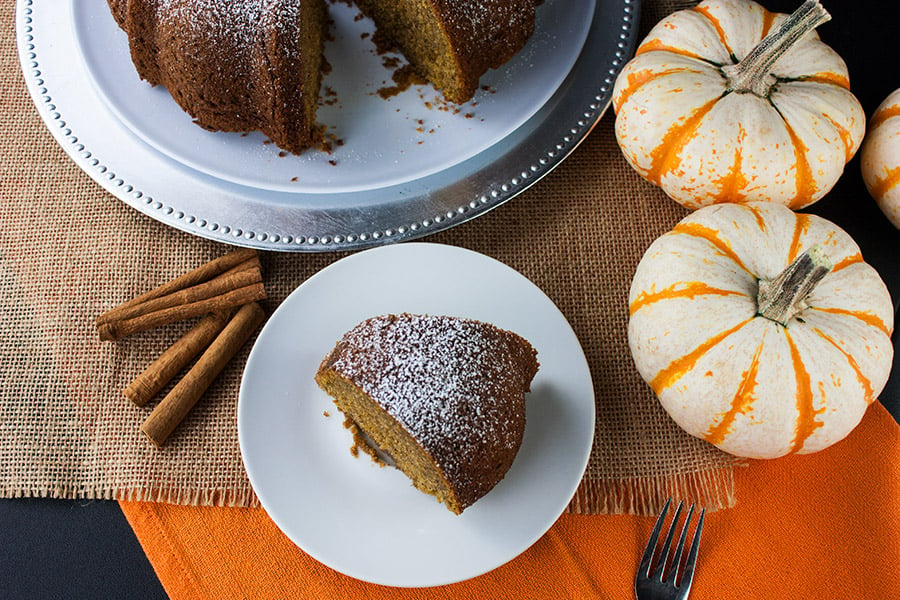 Overhead shot of the a slice of the pumpkin spice bundt cake.