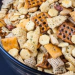 Ranch Party Mix in a blue serving bowl.
