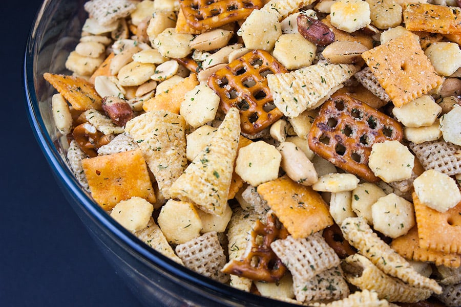 Ranch Party Mix in a blue serving bowl.