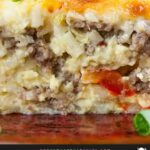 sausage breakfast casserole on red plate