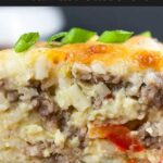 sausage breakfast casserole on red plate