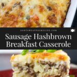 sausage breakfast casserole on red plate