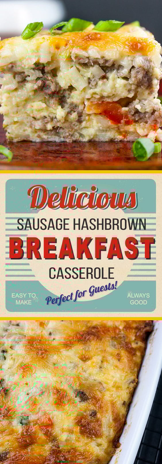 Sausage Hashbrown Breakfast Casserole Recipe - All your breakfast favorites baked in one pan! Can be made the night before and is perfect for a crowd.
#breakfast #casserole #sausage