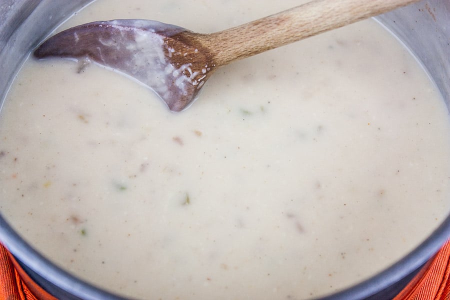 Cream base in a sauce pan for the turkey tetrazzini.