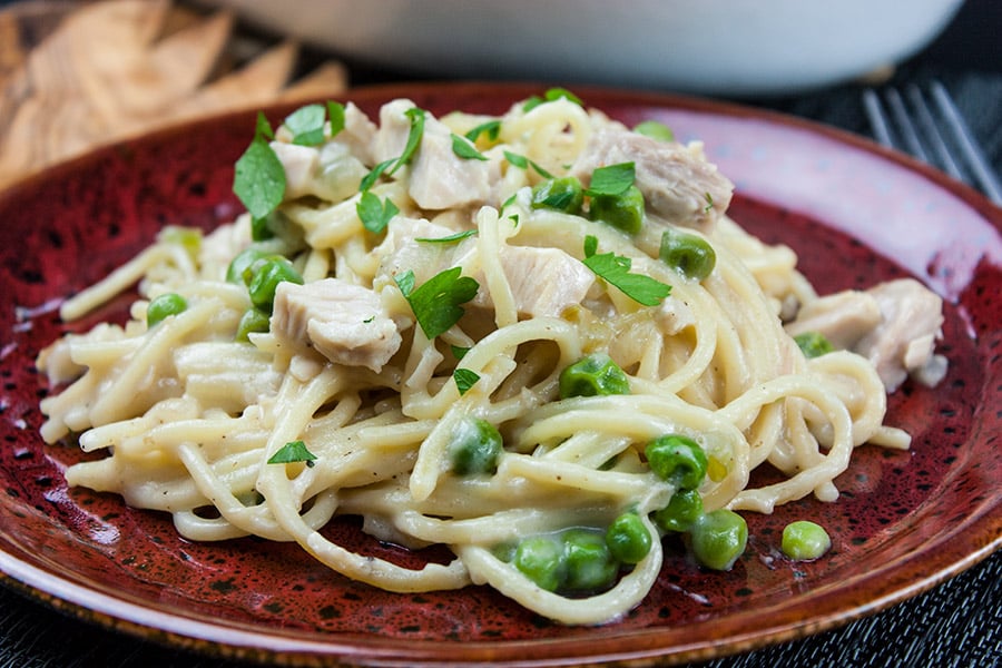 Turkey tetrazzini on a red plate garnished with chopped parsley.