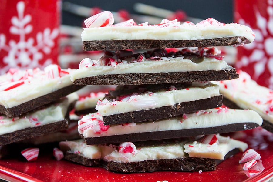 Dark Chocolate Peppermint Bark - One of the easiest holiday treats. Smooth, dark chocolate, creamy white chocolate studded with crushed candy canes!
