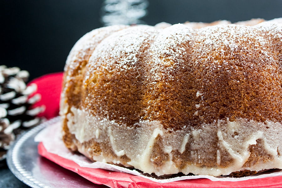 Eggnog Bundt Cake on a cake serving dish.