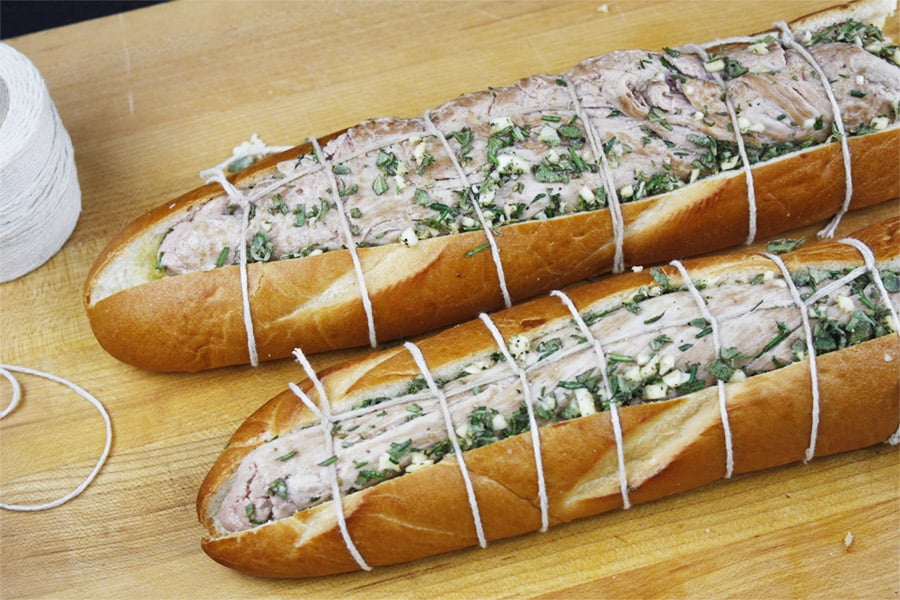 Tuscan Pork Tenderloin - loin placed in bread tied with twine