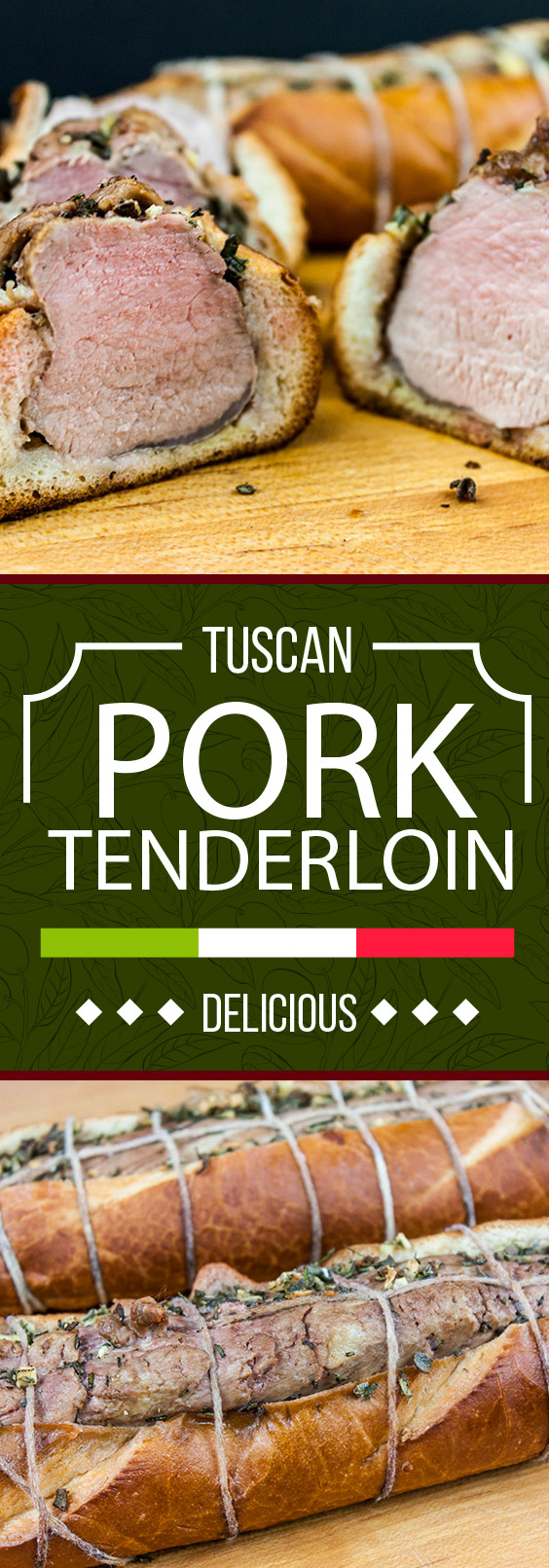 Tuscan Pork Tenderloin - Pork tenderloin smothered in fresh herbs roasted inside a crusty baguette. It's mouth-watering delicious! Perfect for dinner or a party appetizer that will knock their socks off. #recipe #porktenderloin #easy #holiday #holidays #italian #tuscan