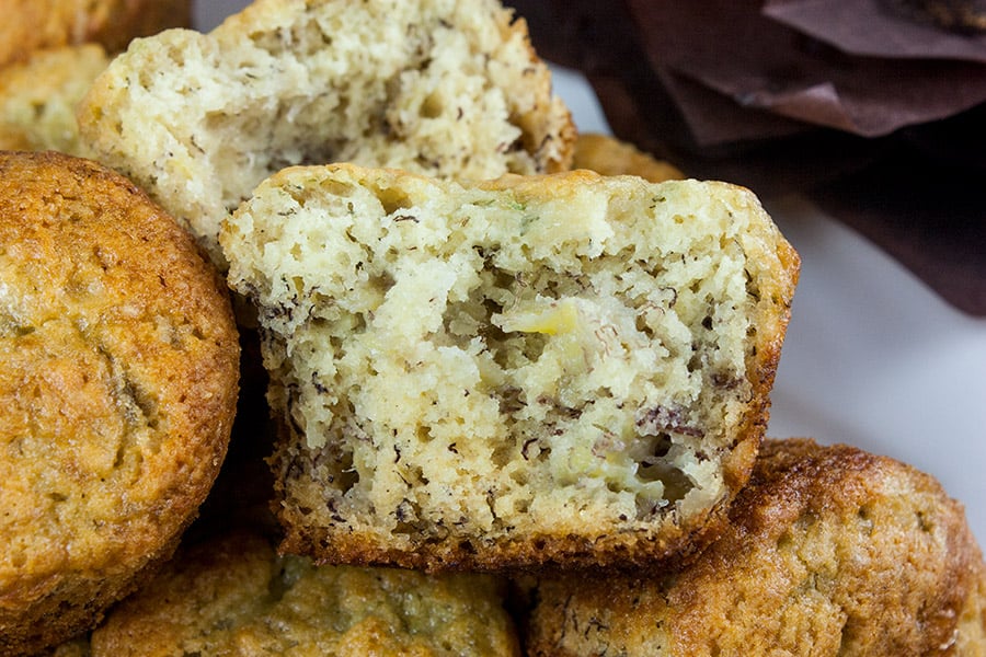 Best Ever Banana Muffins - muffin cut in half showing texture