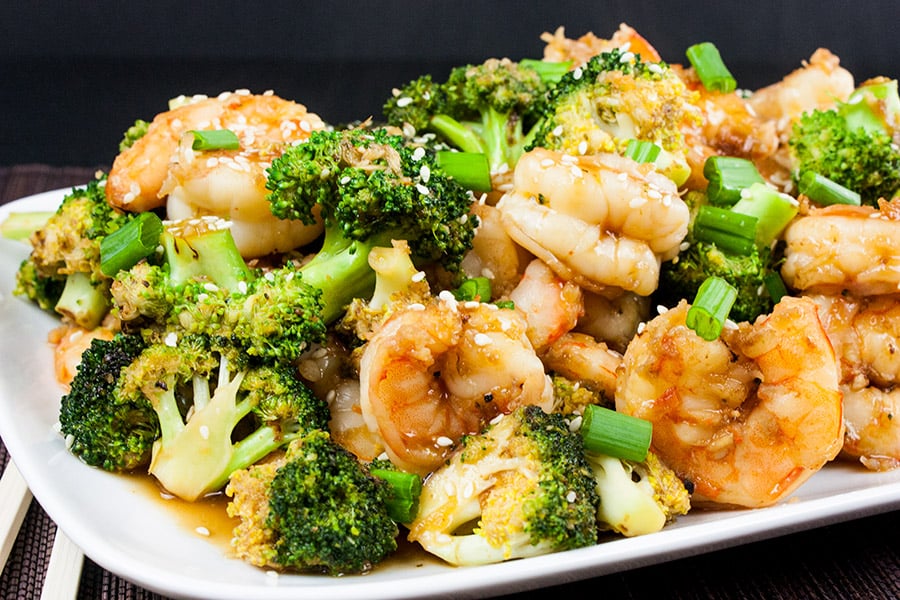 Shrimp and Broccoli Stir Fry on a white serving dish.