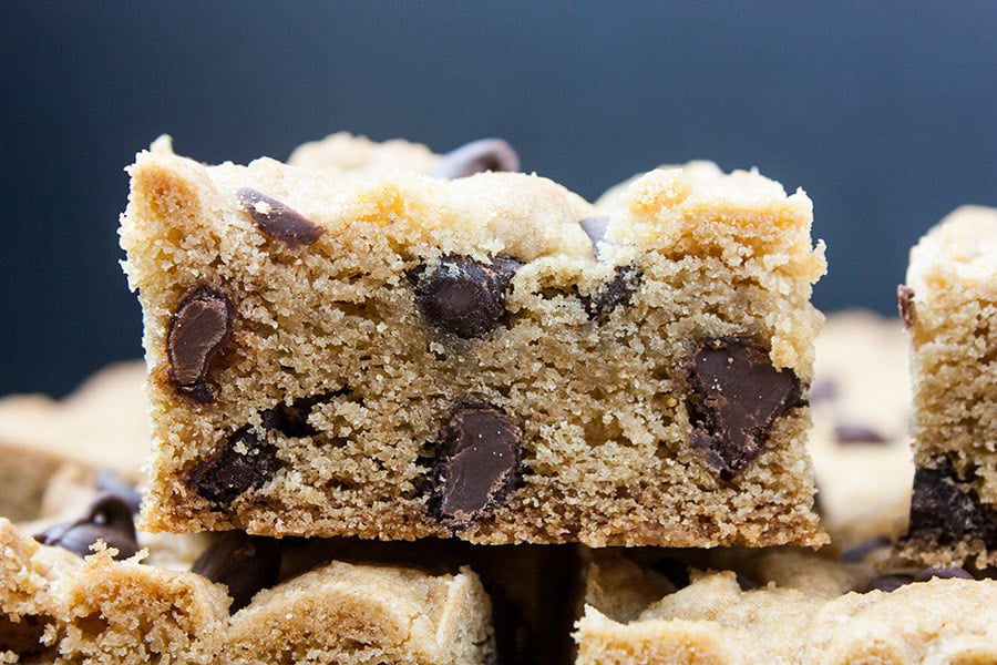 Closeup of one chocolate chip cookie bar.