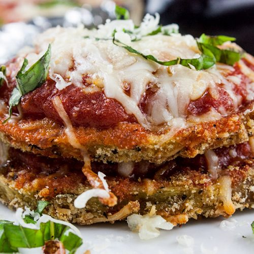 Sheet Pan Eggplant Parmesan on a white plate.