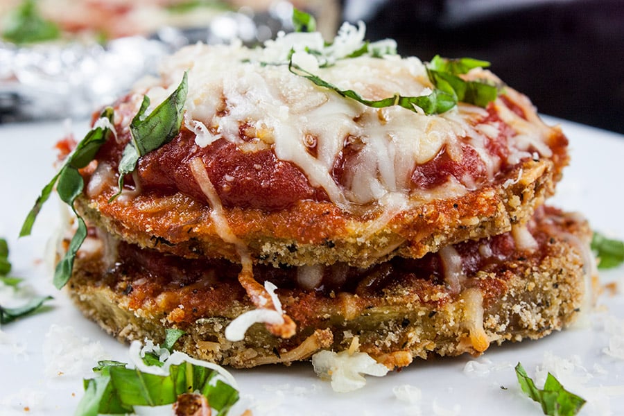 Sheet Pan Eggplant Parmesan on a white plate.