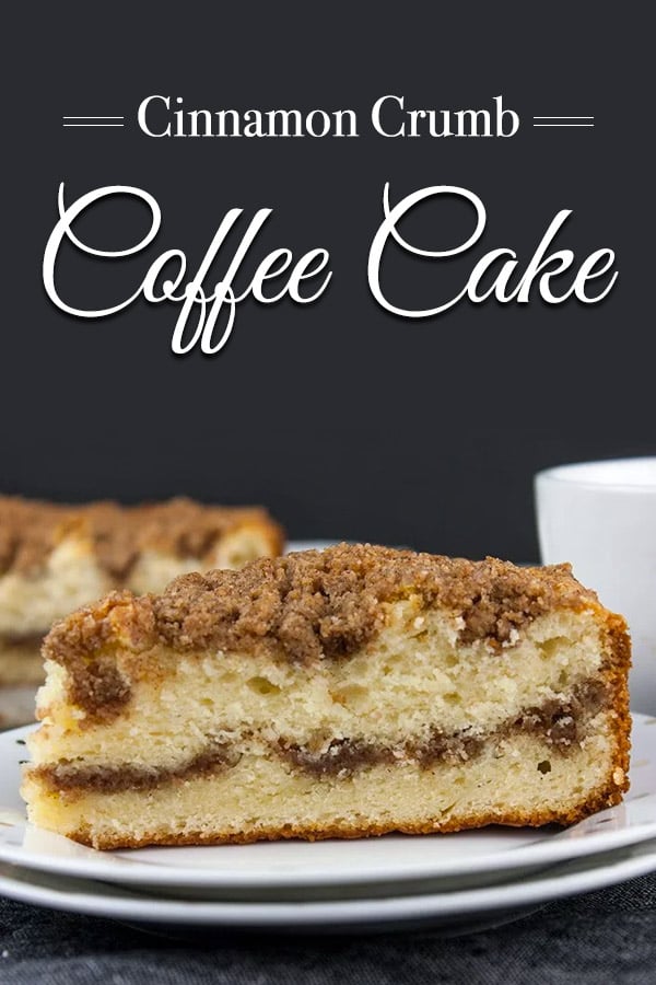 Cinnamon Crumb Coffee Cake - Moist, buttery cake ribboned with a gooey cinnamon middle and topped with a crumbly streusel. Nothing better than a thick slice of this cake with your morning or afternoon coffee. #breakfast #dessert #recipe #easy #holidays