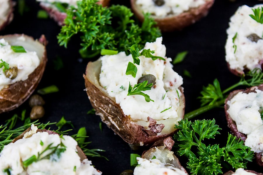 Deviled Potato Bites - Potato salad in bite-size form. Great snack or appetizer for any party or barbecue! Easy to prepare and even better they can be made ahead.