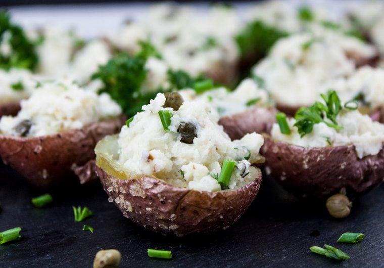 Deviled Potato Bites - Potato salad in bite-size form. Great snack or appetizer for any party or barbecue! Easy to prepare and even better they can be made ahead.