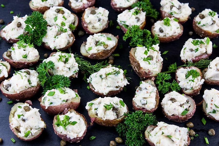 Deviled Potato Bites - potato bites garnished with parsley and dill 