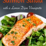 Pan-Seared Salmon Salad with Lemon Vinaigrette - One of the quickest, healthiest meals you can serve your family! Fresh homemade lemon vinaigrette brings tons of tangy, zesty flavor to the salmon and the salad. #dinner #healthy #lowcarb #keto