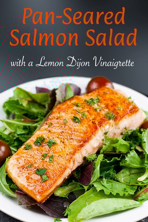 Pan-Seared Salmon Salad with Lemon Dijon Vinaigrette - One of the quickest, healthiest meals you can serve your family! Fresh homemade vinaigrette brings tons of tangy, zesty flavor. #dinner #healthy #lowcarb #keto
