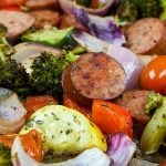 Sheet Pan Sausage and Vegetables mixed together.