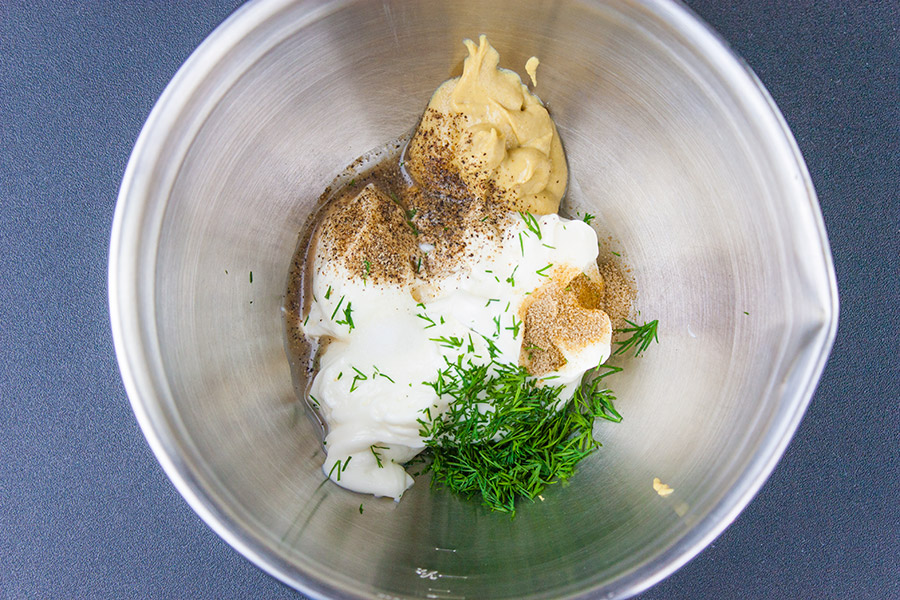 Cauliflower Mock Potato Salad - dressing ingredients in a silver bowl