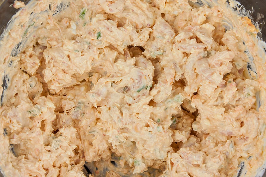 Cold Shrimp Dip ingredients combined together in a mixing bowl