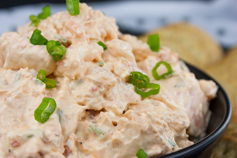 Easy Cold Shrimp Dip - A close up of the dip in a black bowl