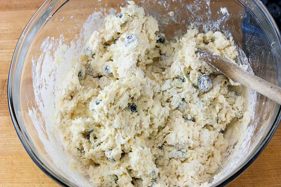 Blueberry Scones - the dough lightly kneaded just coming together in a large glass mixing bowl