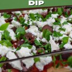 Easy Mediterranean Dip - Layered with hummus, sour cream, tomato, cucumber, roasted red pepper, feta cheese, Kalamata olives, and green onions. Perfect for any party or gathering! #appetizer #recipe #healthy #healthyrecipes