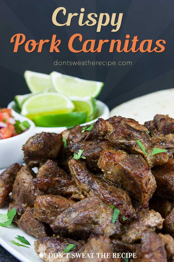Crispy Pork Carnitas - Slow oven roasted marinated pork cubes with a crispy caramelized crust. Rich, moist, flavorful and so tender it melts in your mouth! #recipe #mexican #carnitas #pork