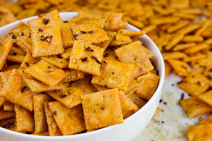 Firecracker Cheez-Itz - closeup of the baked crackers in a white bowl