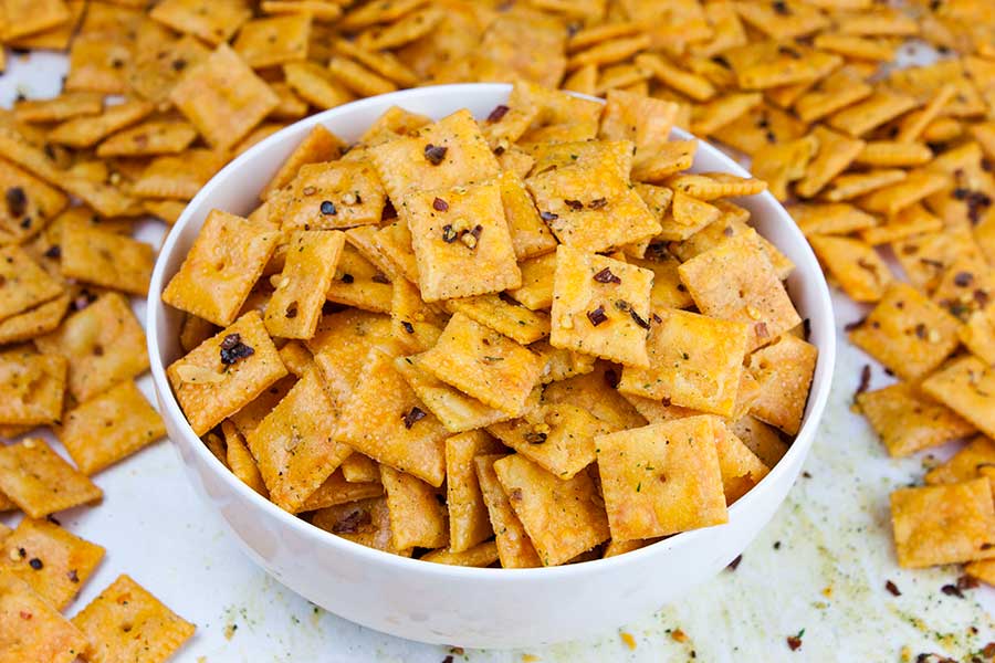 Firecracker Cheez-Itz - closeup of the baked crackers in a white bowl