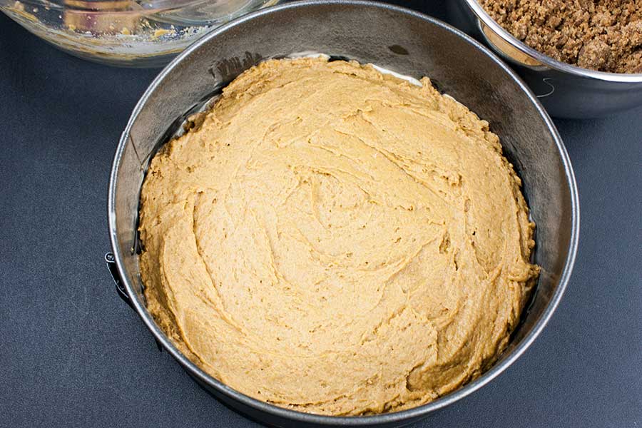 Cake batter in a springform pan.