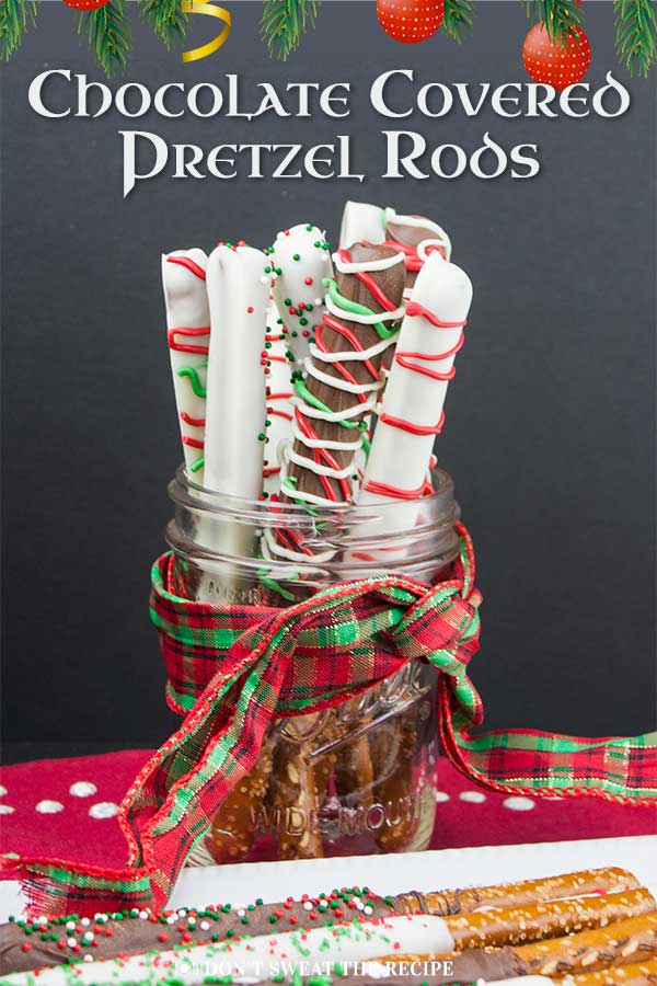 Chocolate Covered Pretzel Rods - Super easy and fun treat to make and gift during the holidays. Beautiful, edible, salty-sweet treats everyone loves! #christmas #recipe #holiday #easy #dessert