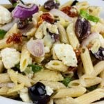 Greek Pasta Salad in a white bowl.