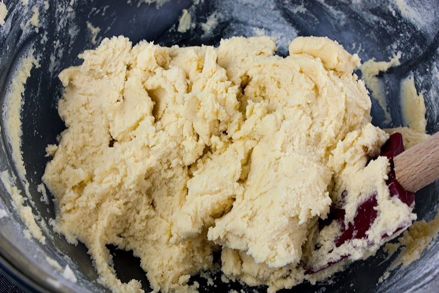 thumbprint cookie dough in mixing bowl