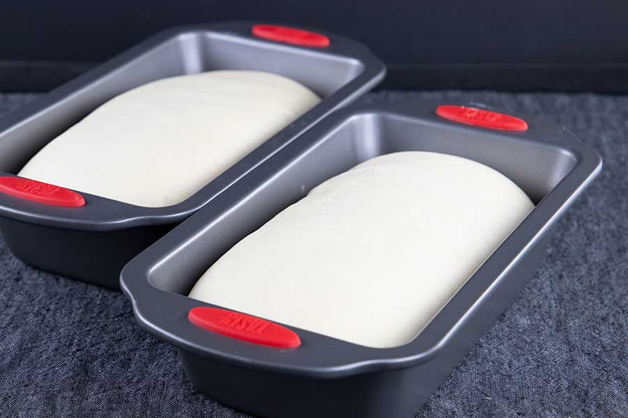 Risen dough in baking dishes.