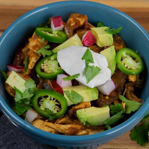 A blue bowl of chicken fajita stew.