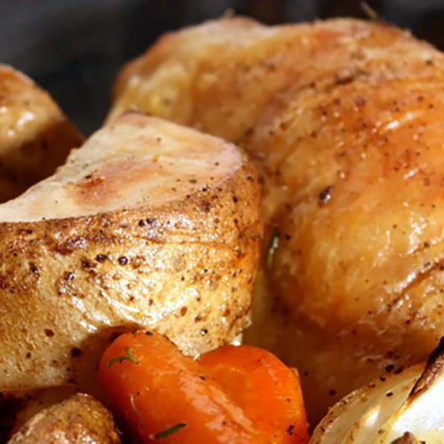 Roasted chicken thighs and vegetables