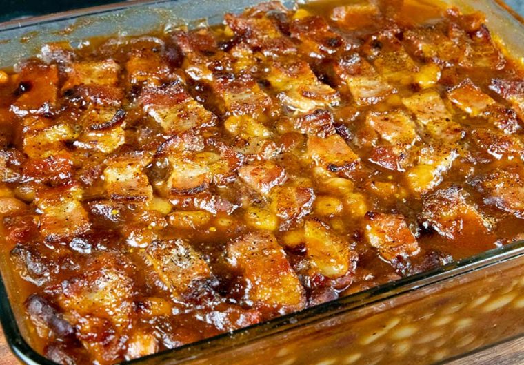 Baked Beans topped with bacon