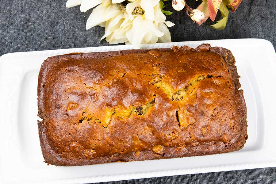 Walnut fig bread on a white platter