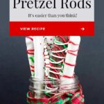Chocolate covered pretzel rods in a mason jar wrapped in ribbon.